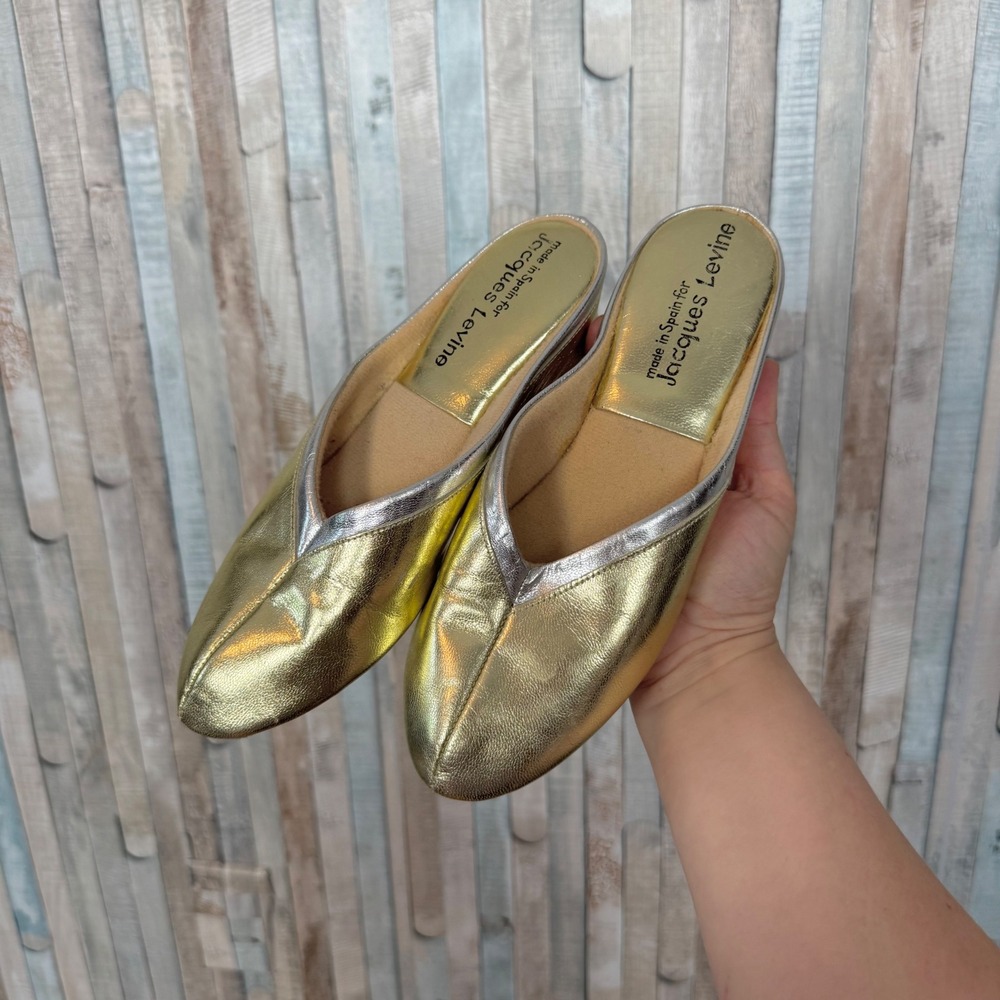 Jacques Levine 4640 Gold Metallic Leather Wedge Mule Slippers Shoes Spain 4 4.5
